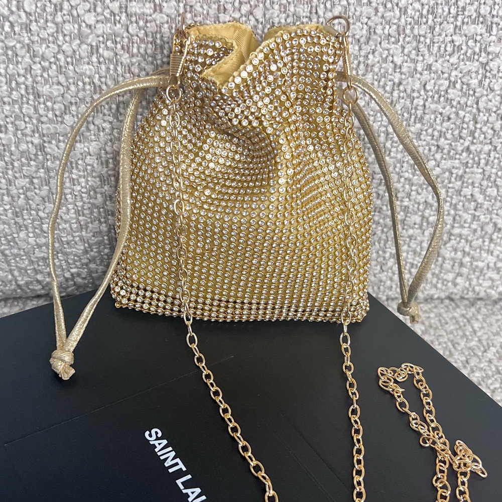 Gold rhinestone mini bucket crossbody bag